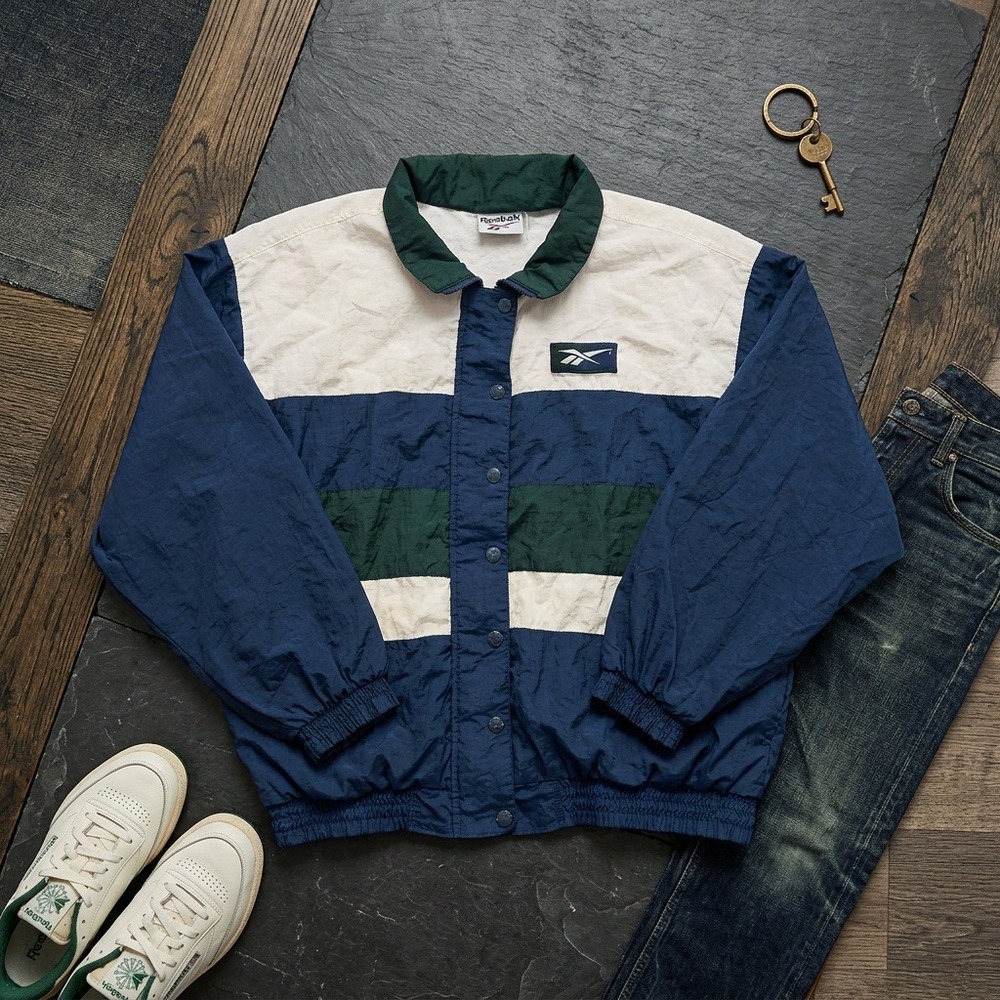 Vintage 90s Reebok Mens Windbreaker Jacket Size L Blue Green Colorblock Flawed